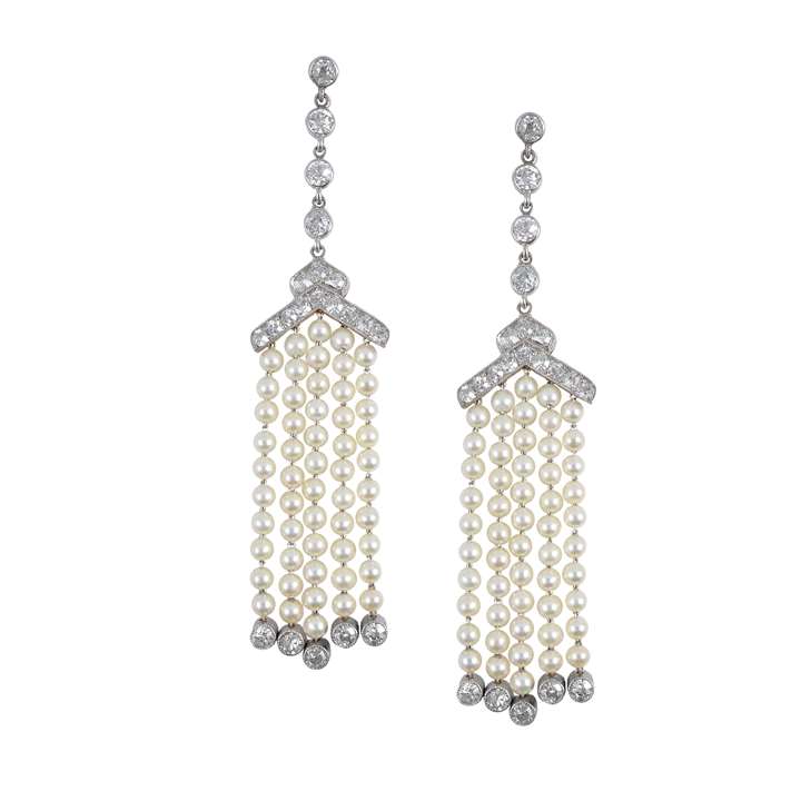 Pair of early Art Deco pearl and diamond tassel drop earrings